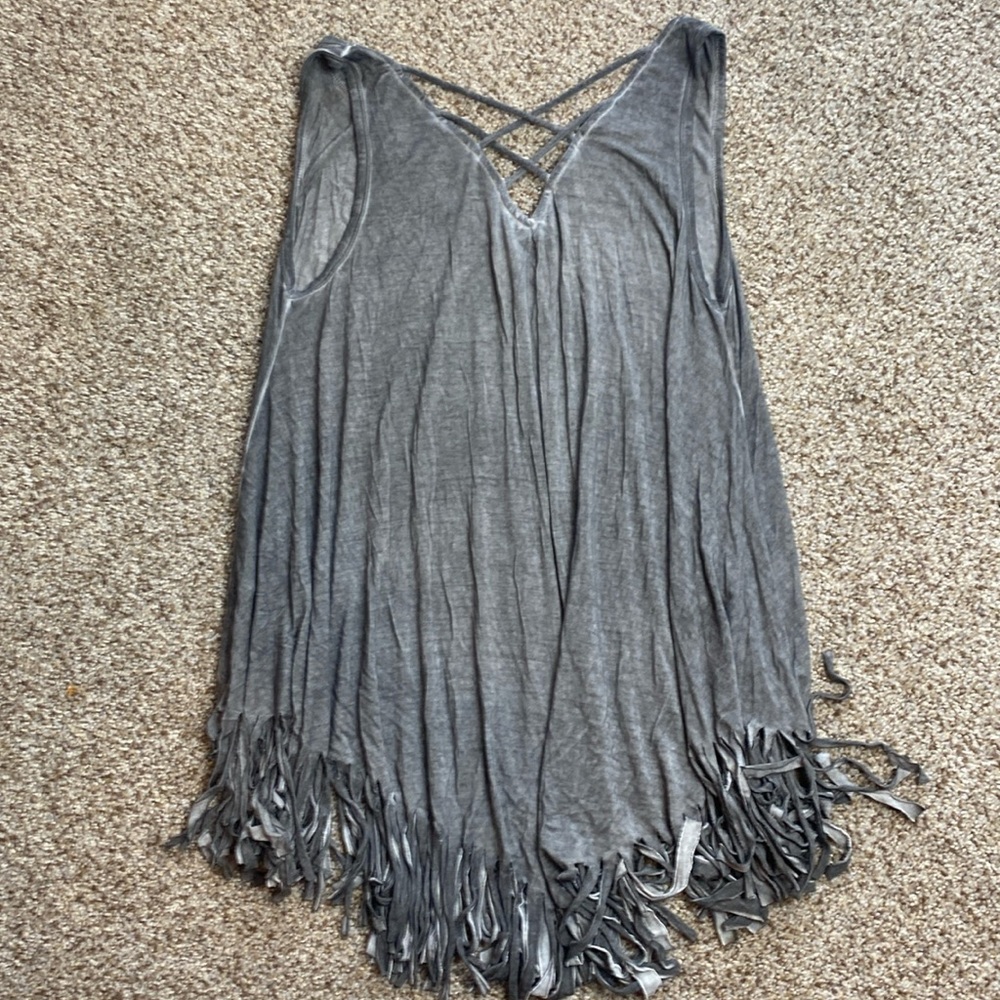 Umgee Grey Fringe V-neck Sleeveless Tunic Top Size Small
